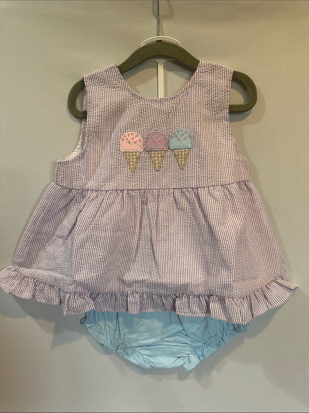 Toddler Pink Seersucker Ice Cream Set with matching bow